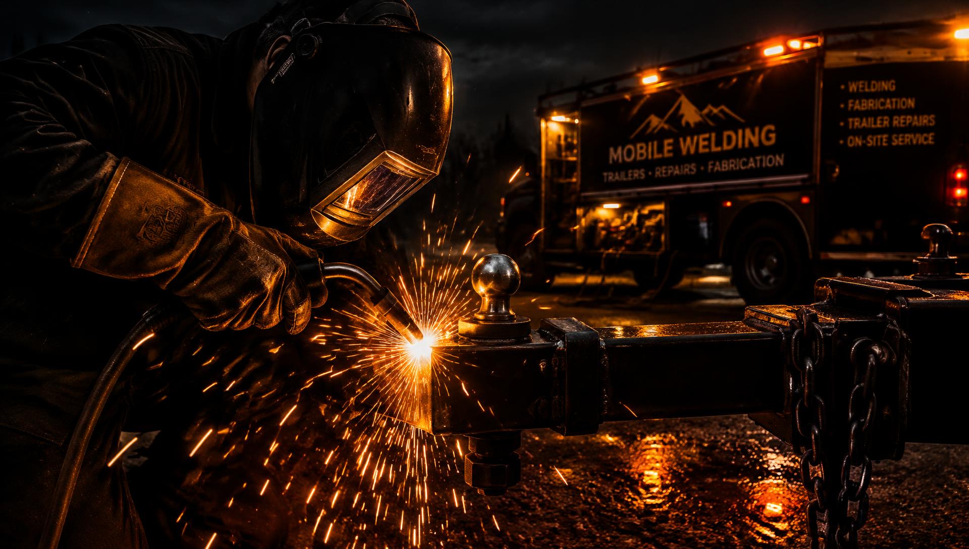 Welder repairing a trailer hitch with sparks flying